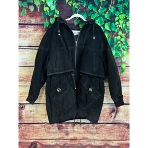 OBO New York Black Leather Hooded Jacket Coat Motorcycle Biker Full Zip Women 2X